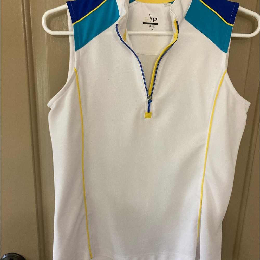 EP Pro Golf Shirt. White with blue, green, and yellow trim.